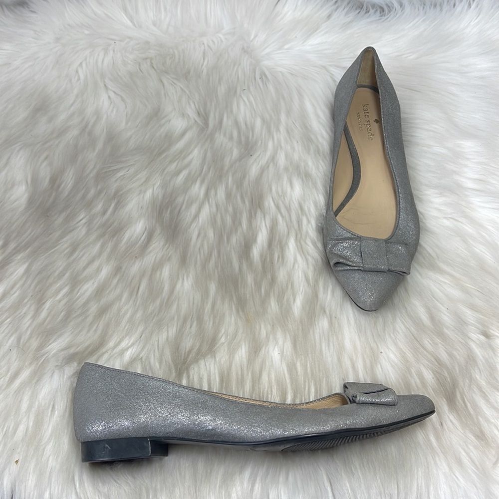 Kate Spade Nora Metallic Grey Leather Bow Trim Flats Sz 6.5‎